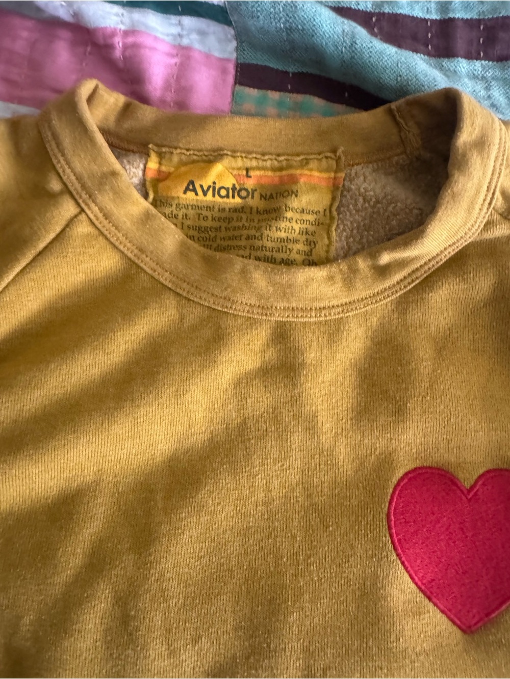 Aviator Nation Mustard Crewneck with Red Heart Patch - Picture 2 of 2